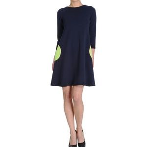 Lisa Perry Barneys Wool Shift Dress Circles Navy Green 14